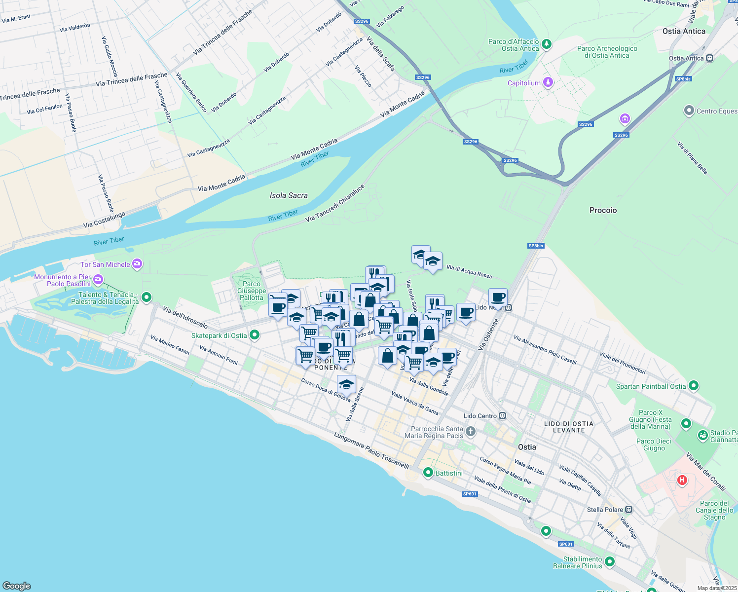 map of restaurants, bars, coffee shops, grocery stores, and more near 47 Piazza Ener Bettica in Lido di Ostia