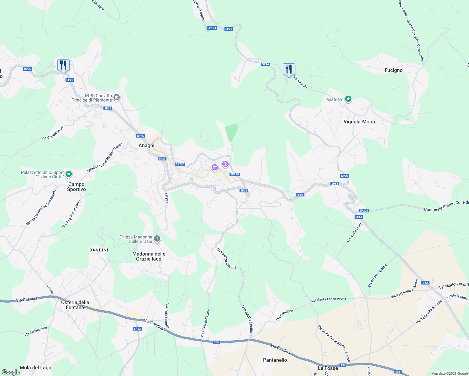 map of restaurants, bars, coffee shops, grocery stores, and more near Via San Giorgetto in Anagni