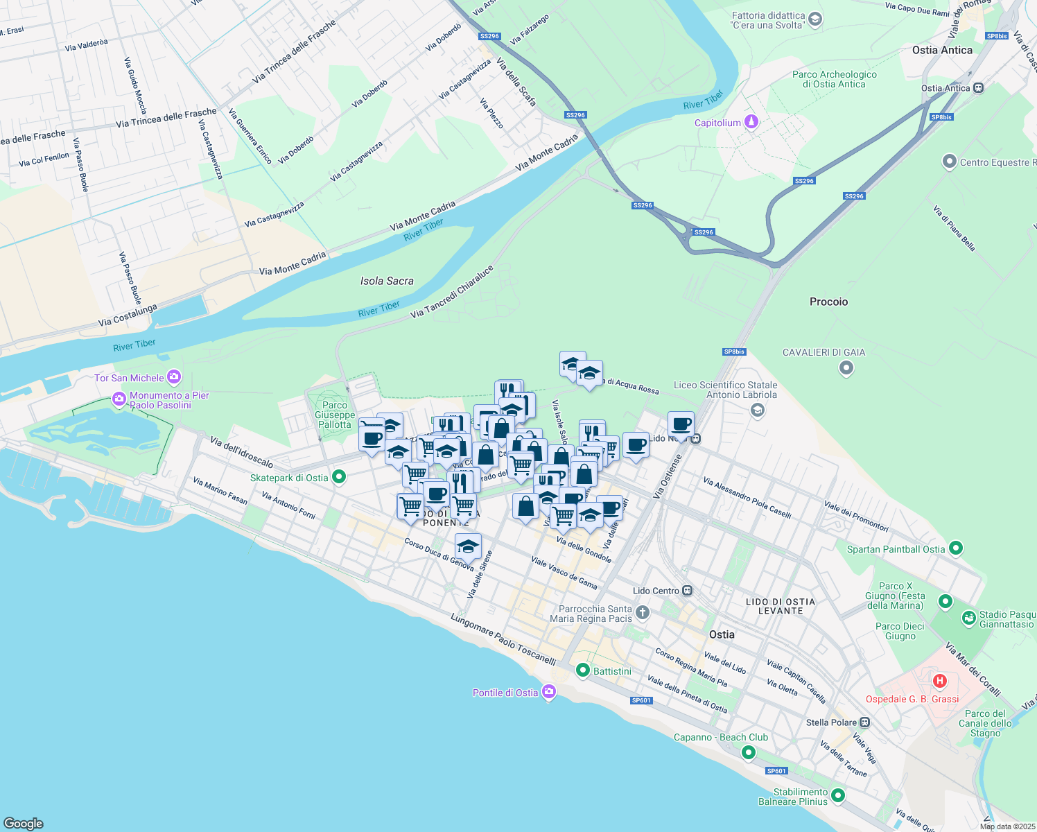 map of restaurants, bars, coffee shops, grocery stores, and more near 177 Via delle Azzorre in Lido di Ostia