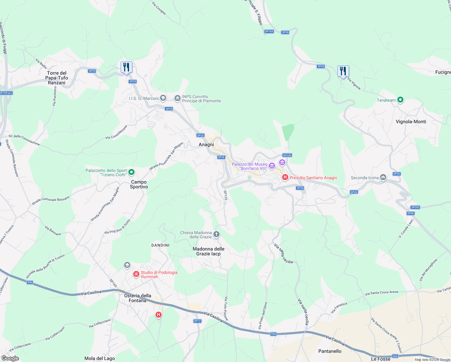 map of restaurants, bars, coffee shops, grocery stores, and more near 86 Via della Peschiera in Anagni