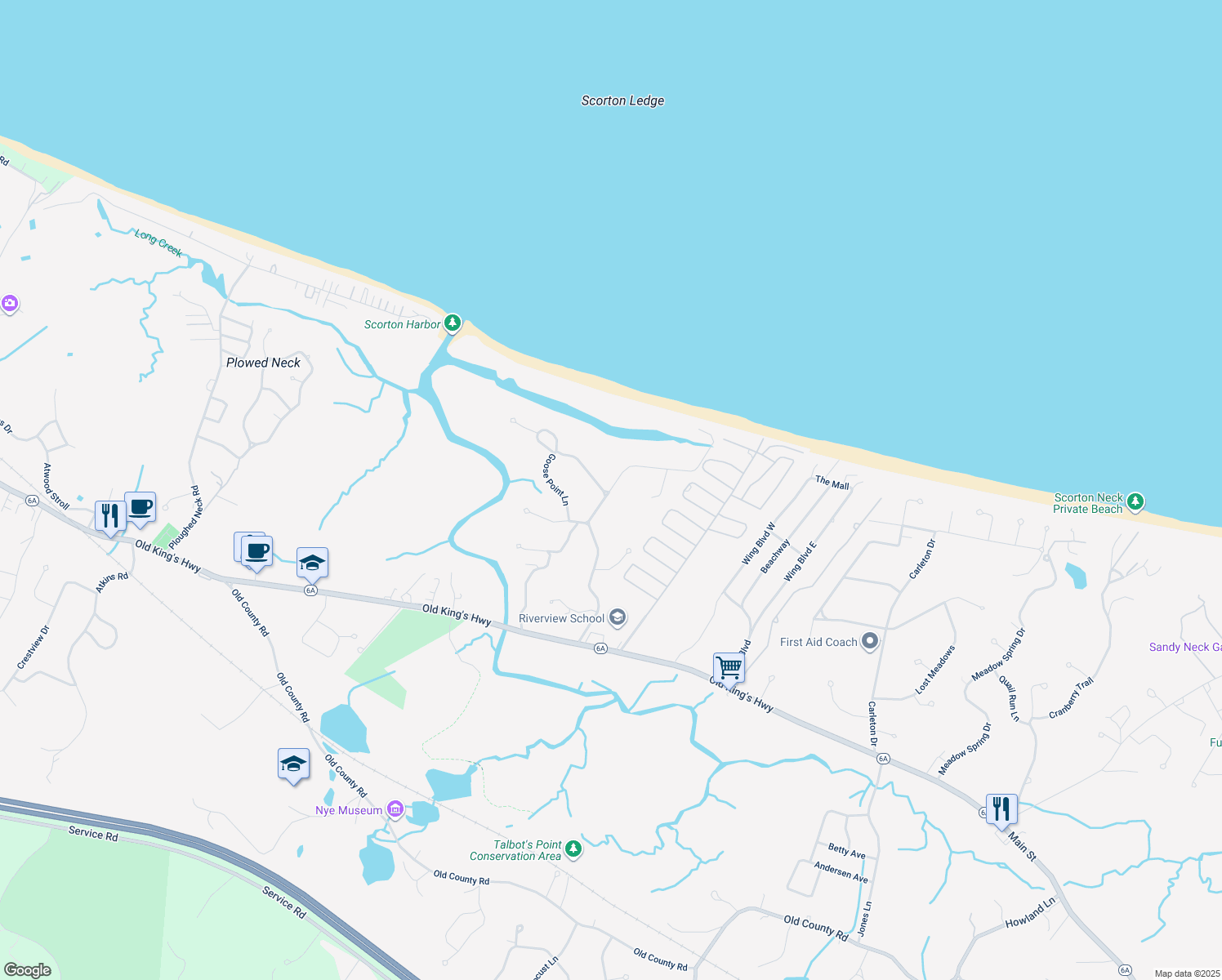 map of restaurants, bars, coffee shops, grocery stores, and more near 36 Torrey Rd in Sandwich