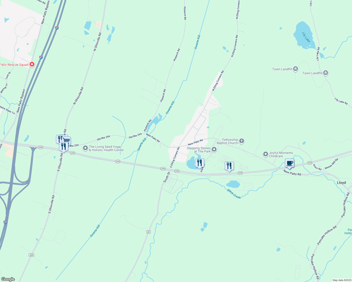 map of restaurants, bars, coffee shops, grocery stores, and more near 657 North Elting Corners Road in Highland