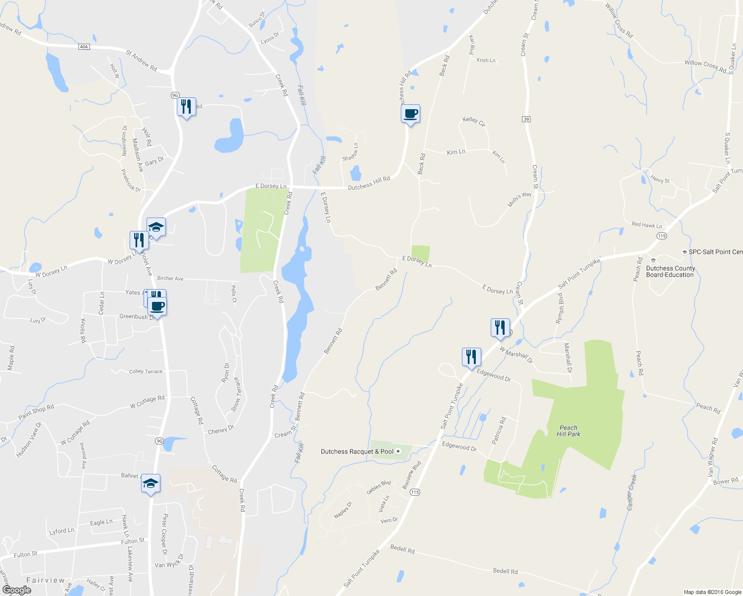 map of restaurants, bars, coffee shops, grocery stores, and more near 19 Bennett Road in Poughkeepsie