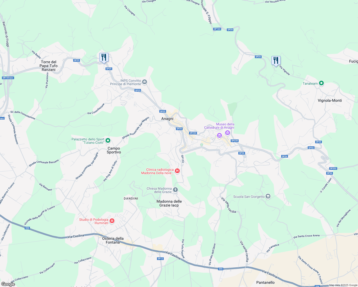 map of restaurants, bars, coffee shops, grocery stores, and more near 86 Via della Peschiera in Anagni