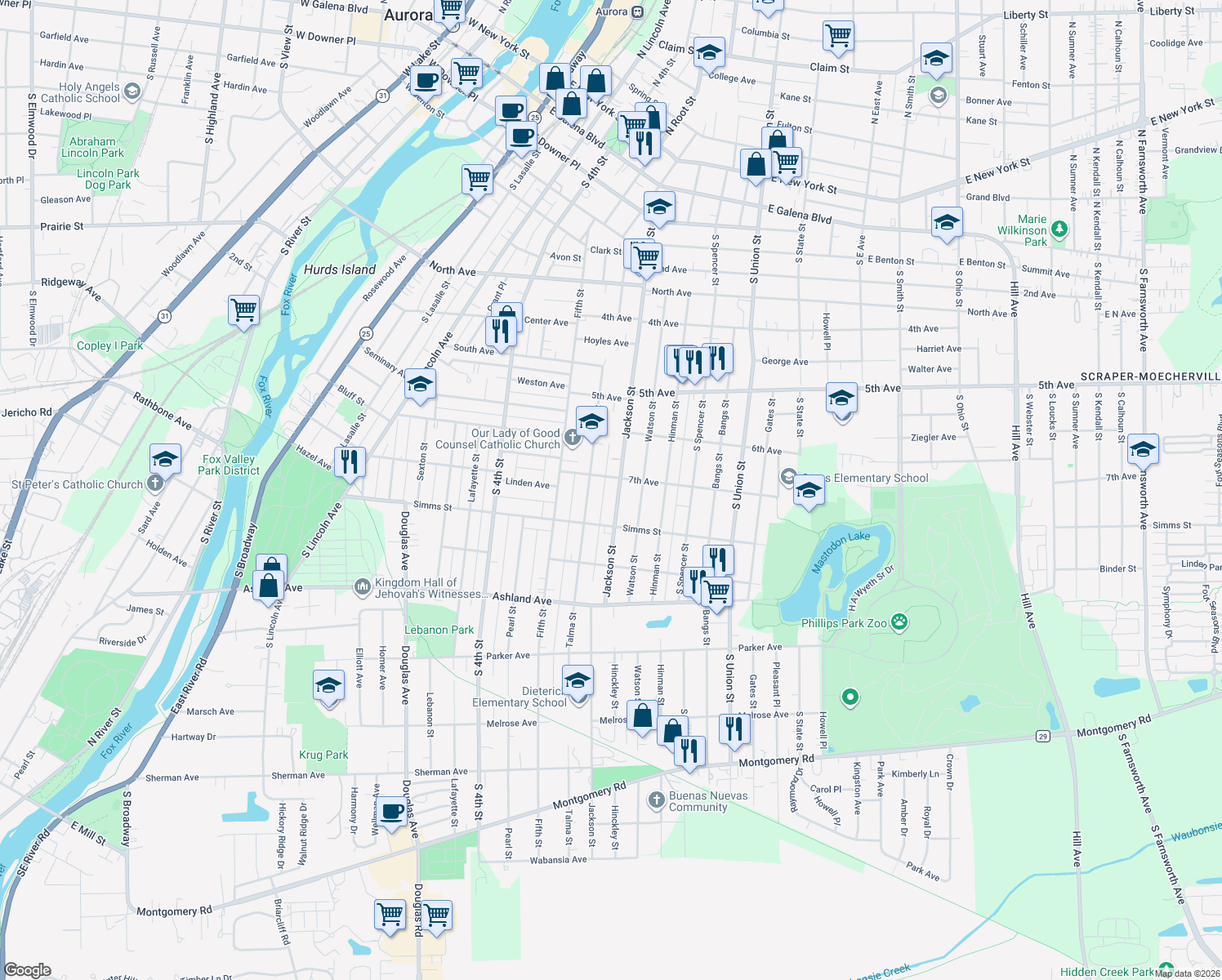 map of restaurants, bars, coffee shops, grocery stores, and more near 711 Jackson St in Aurora