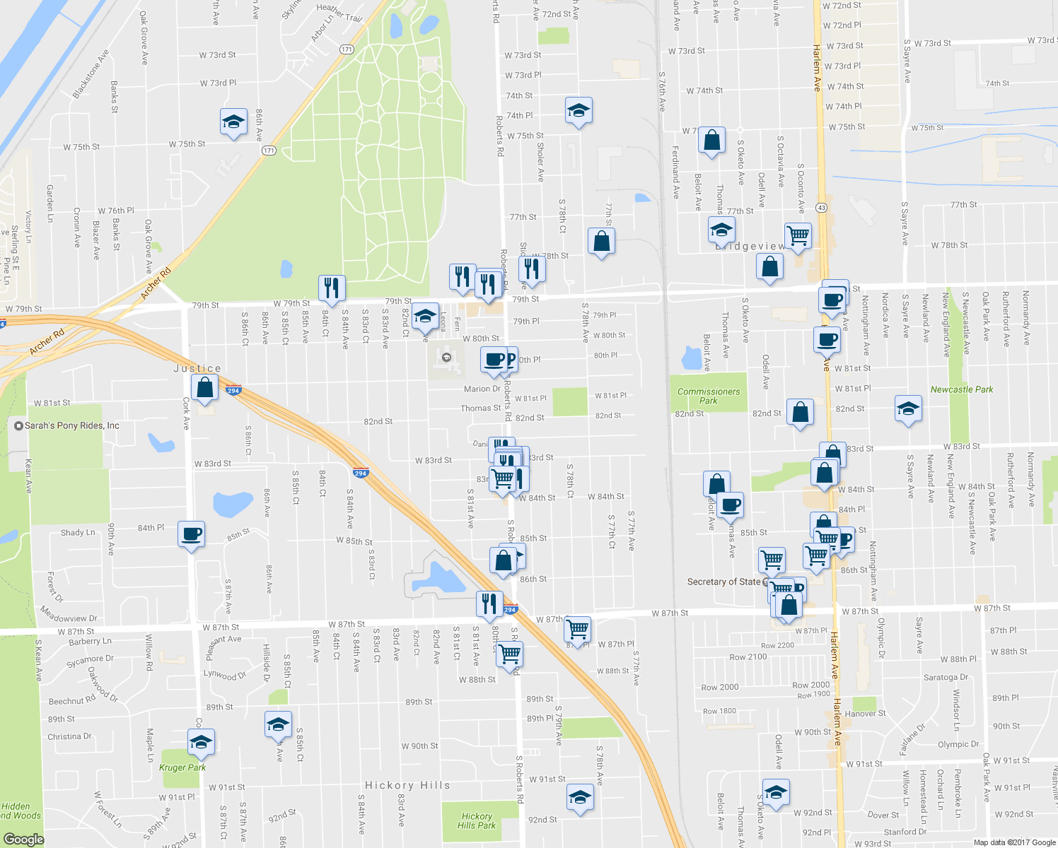 map of restaurants, bars, coffee shops, grocery stores, and more near 7923 82nd Street in Bridgeview