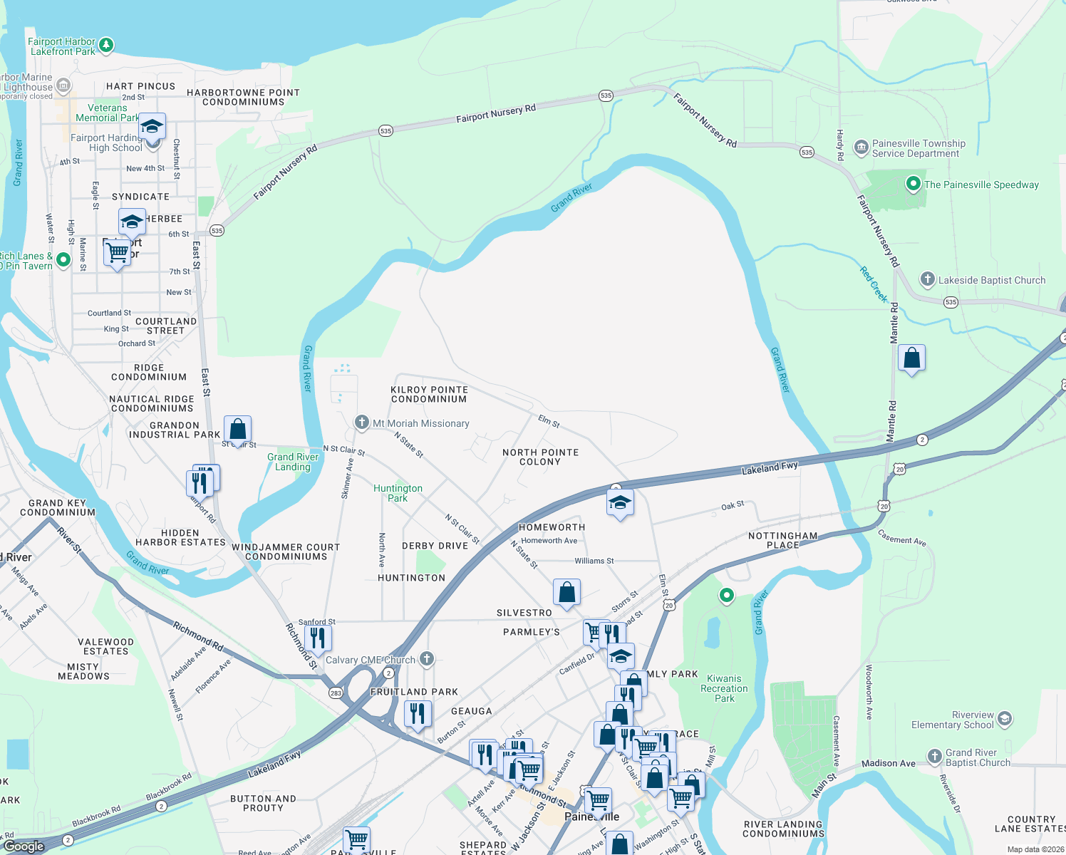 map of restaurants, bars, coffee shops, grocery stores, and more near 927 Elm Street in Painesville