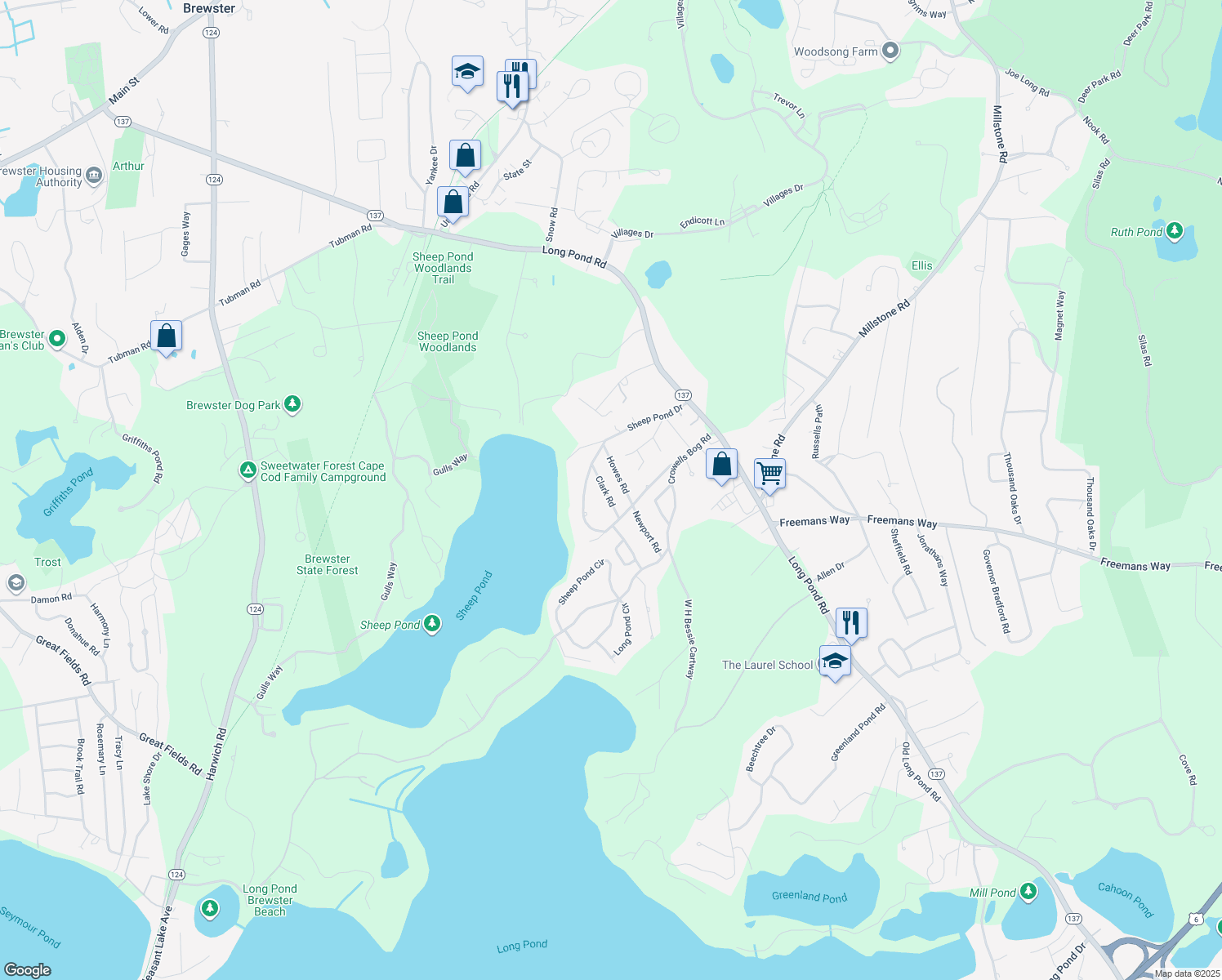 map of restaurants, bars, coffee shops, grocery stores, and more near 43 Clark Road in Brewster