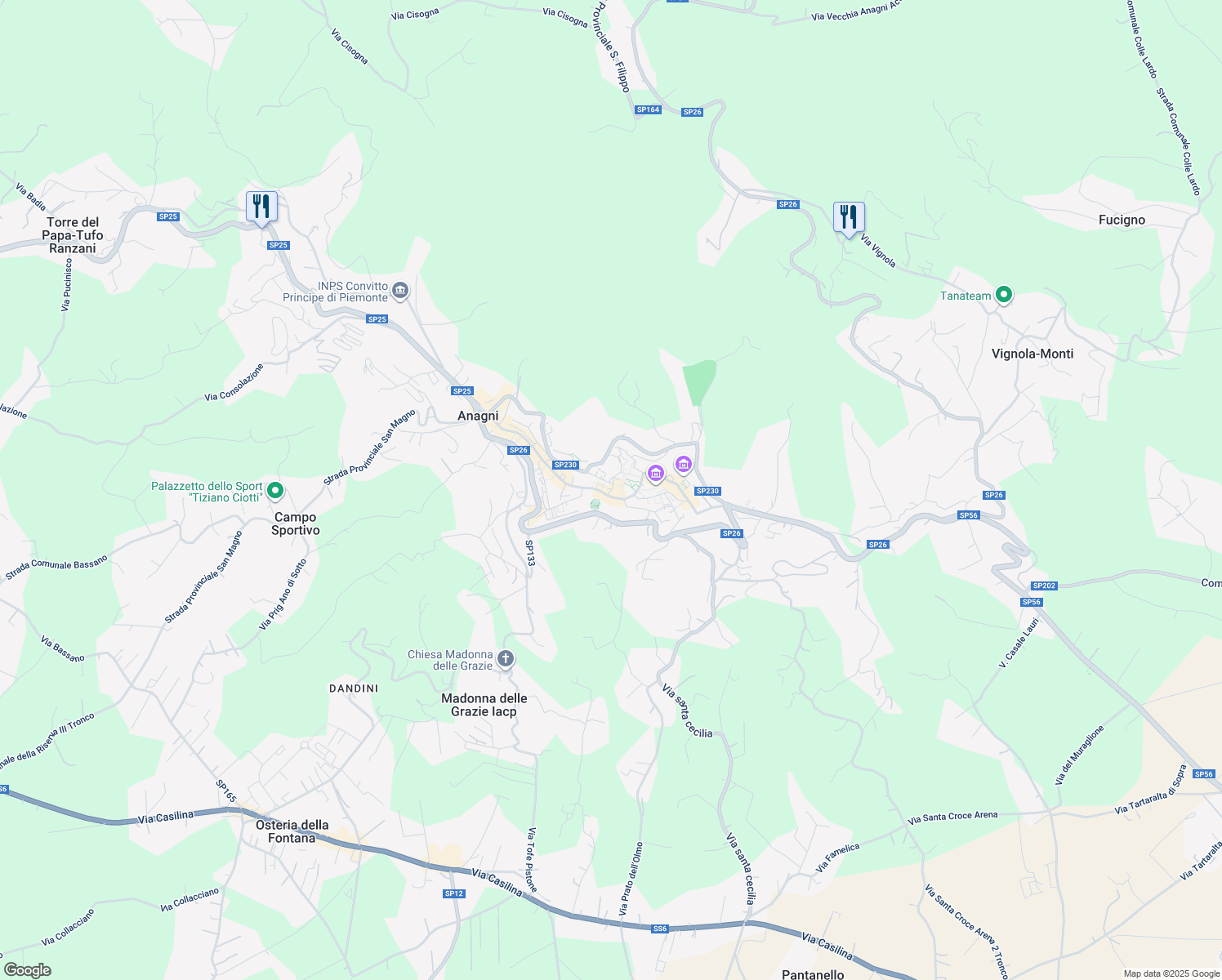 map of restaurants, bars, coffee shops, grocery stores, and more near 2A Via Nino Stoppani in Anagni