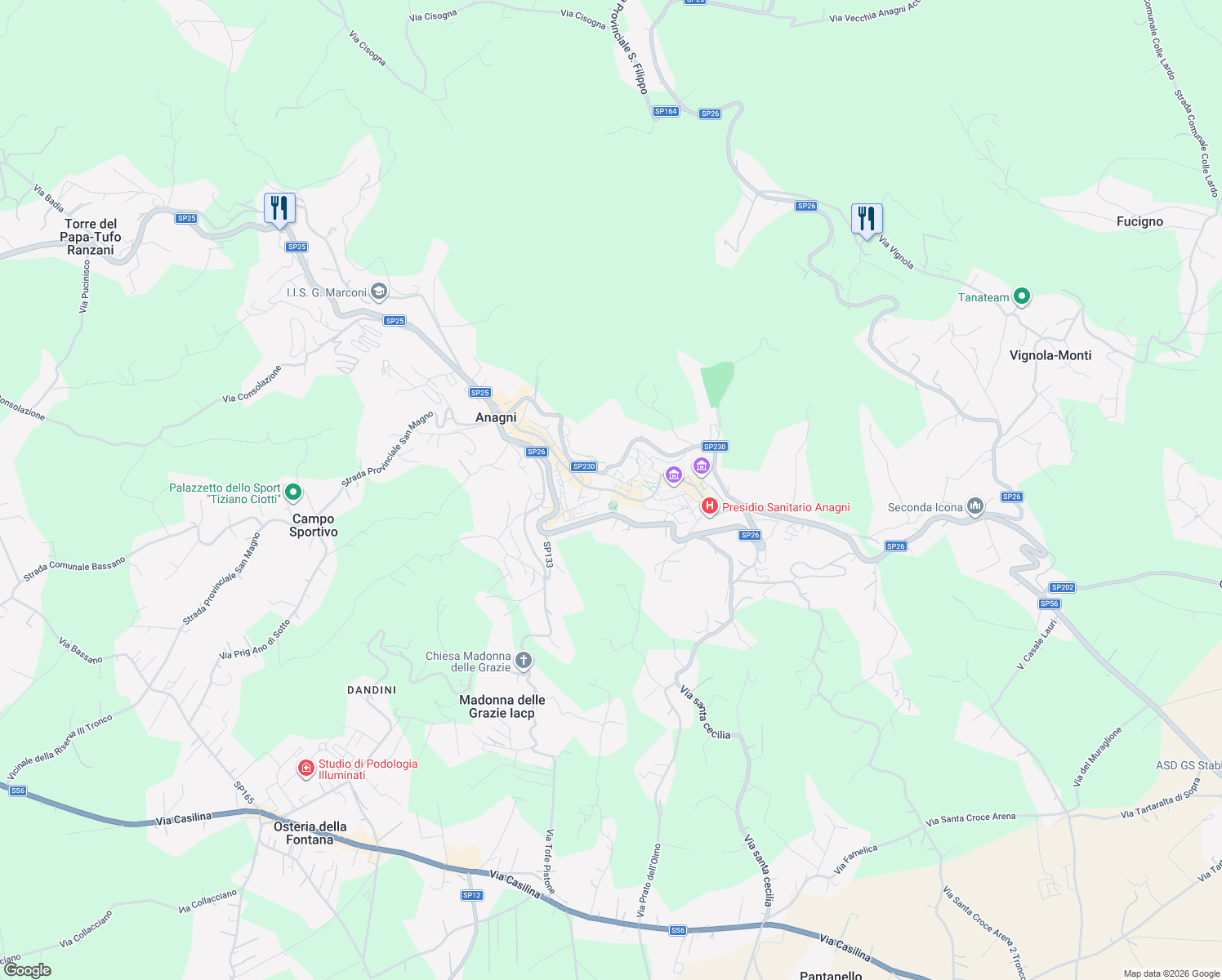 map of restaurants, bars, coffee shops, grocery stores, and more near 2A Via Nino Stoppani in Anagni