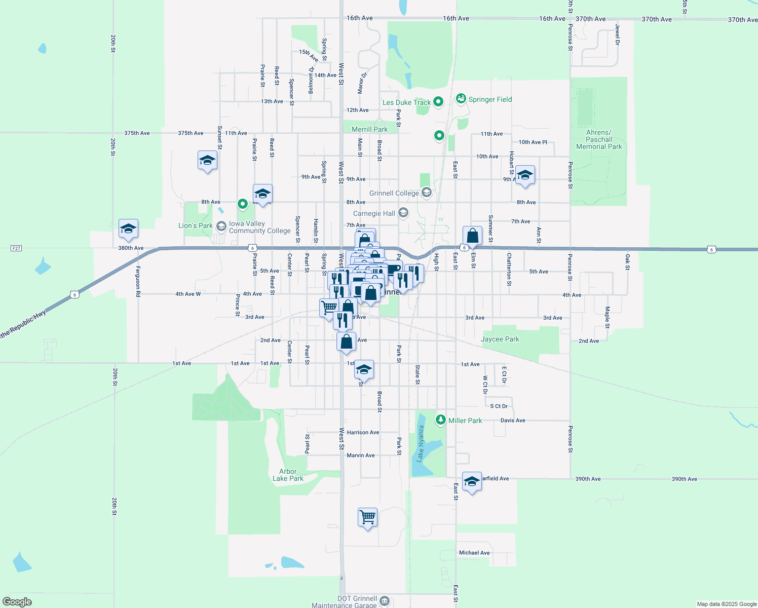 map of restaurants, bars, coffee shops, grocery stores, and more near 856 Broad Street in Grinnell