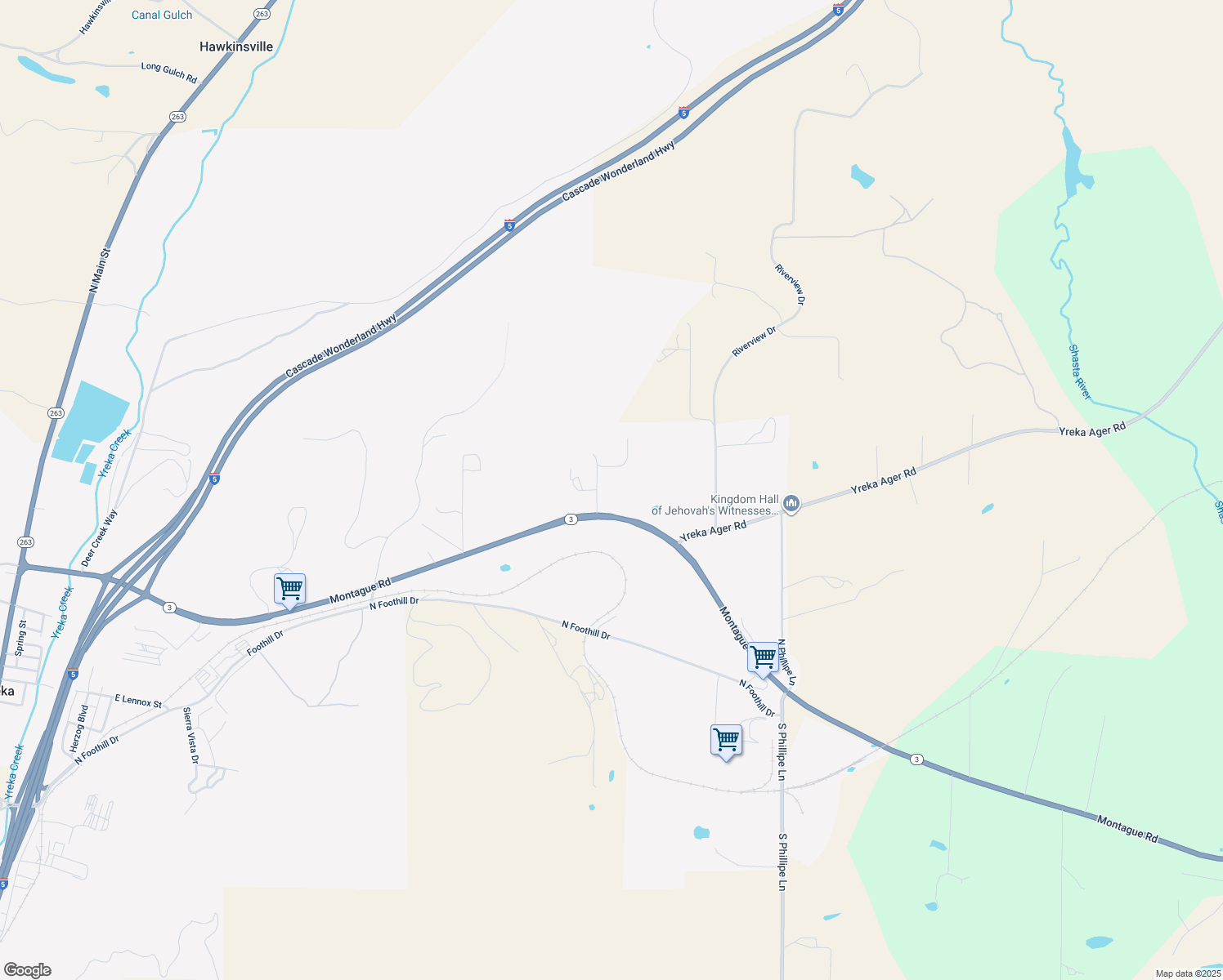 map of restaurants, bars, coffee shops, grocery stores, and more near 1102 Quarry Court in Yreka