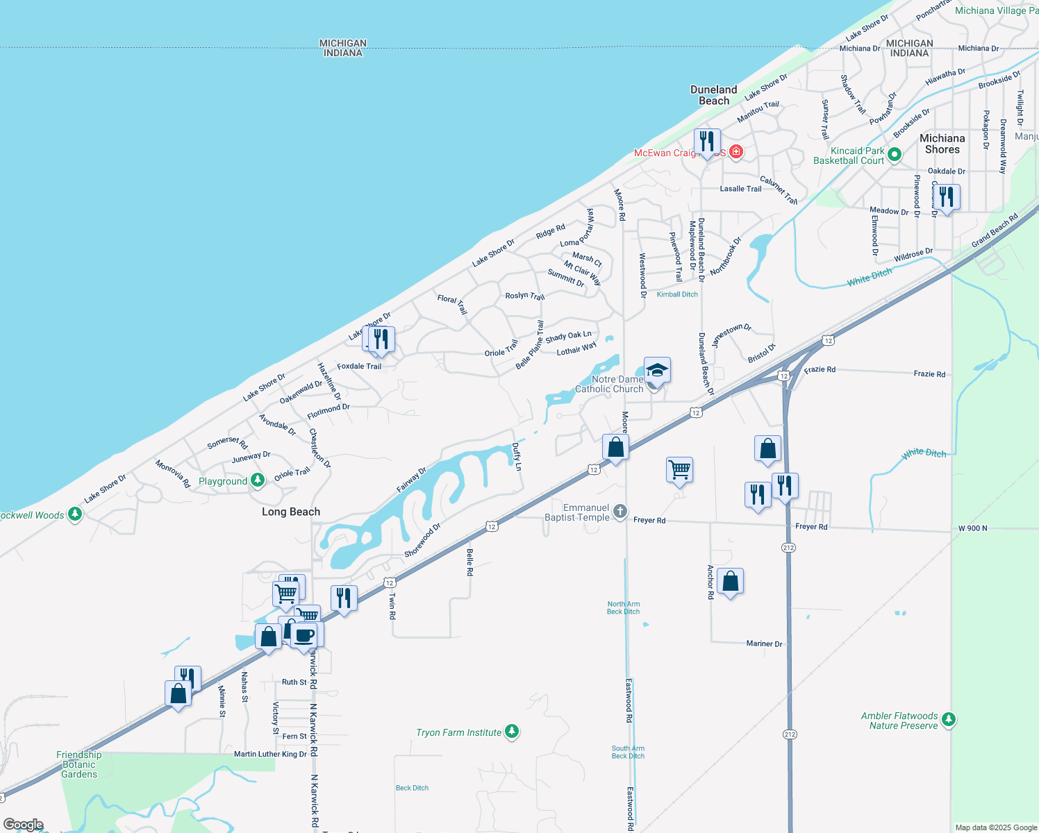 map of restaurants, bars, coffee shops, grocery stores, and more near 2799 Floral Trail in Long Beach
