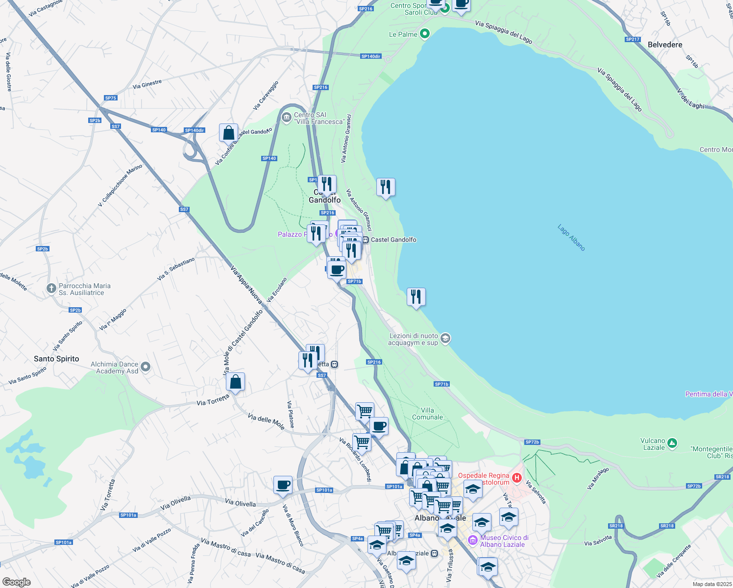 map of restaurants, bars, coffee shops, grocery stores, and more near 2 Via Giuseppe Mazzini in Castel Gandolfo