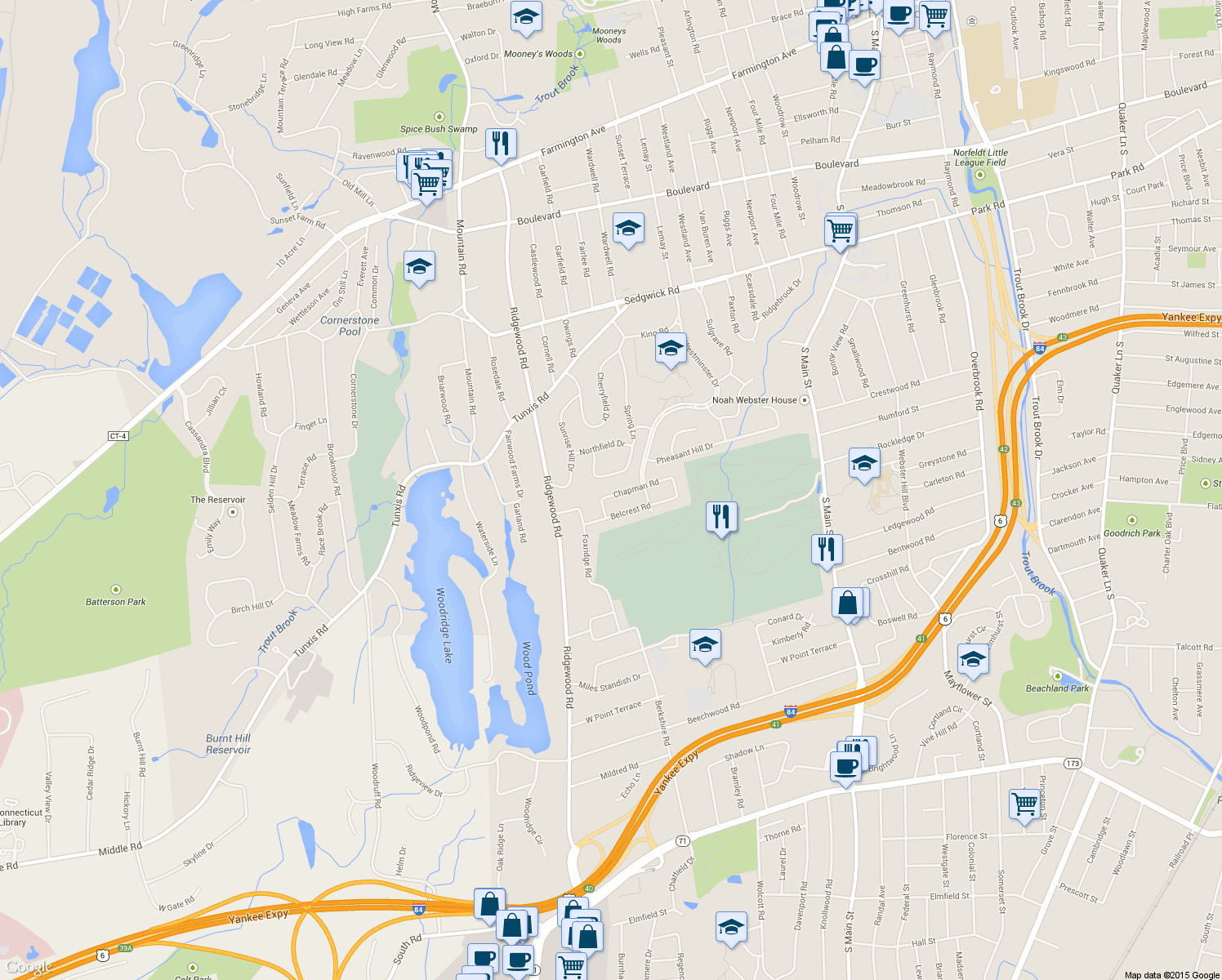 map of restaurants, bars, coffee shops, grocery stores, and more near 18 Chapman Road in West Hartford