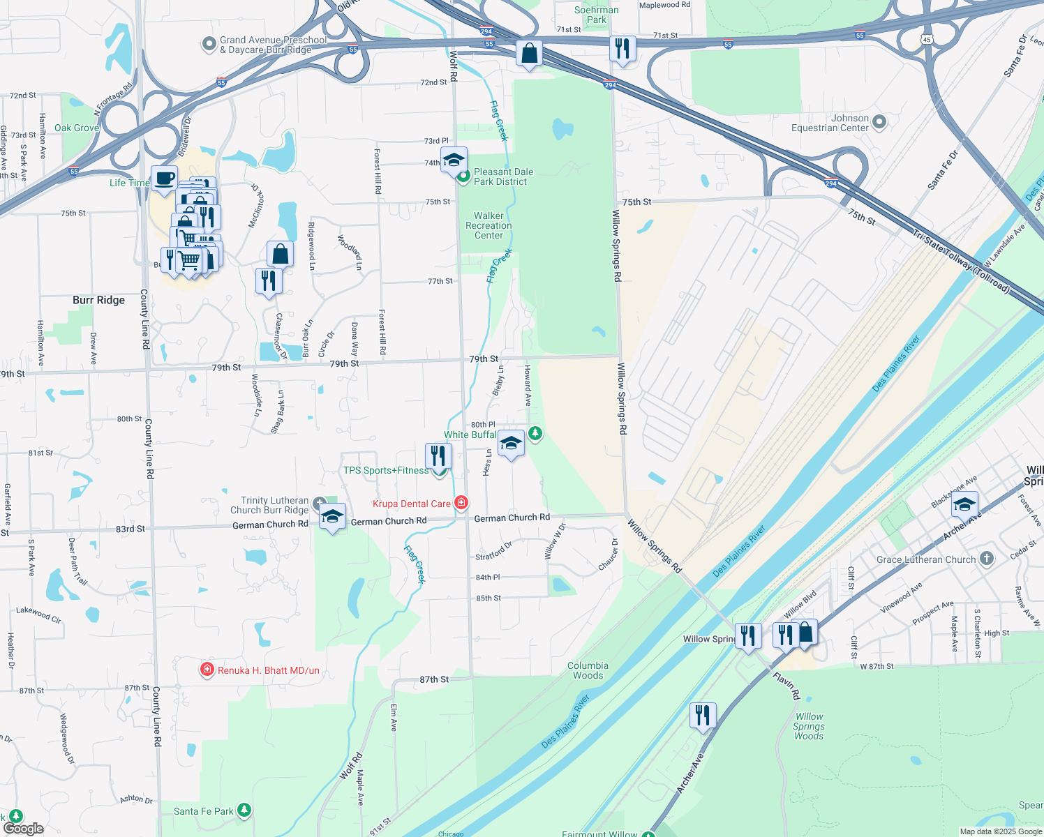 map of restaurants, bars, coffee shops, grocery stores, and more near 8030 Howard Avenue in La Grange