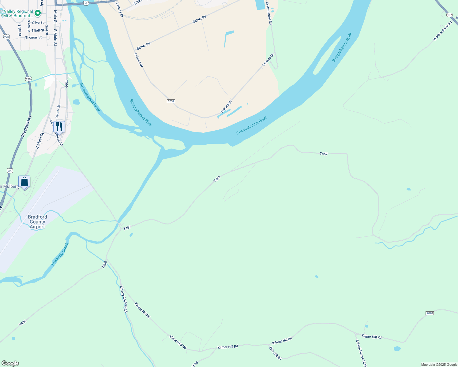 map of restaurants, bars, coffee shops, grocery stores, and more near 429 Marty Lane in Towanda