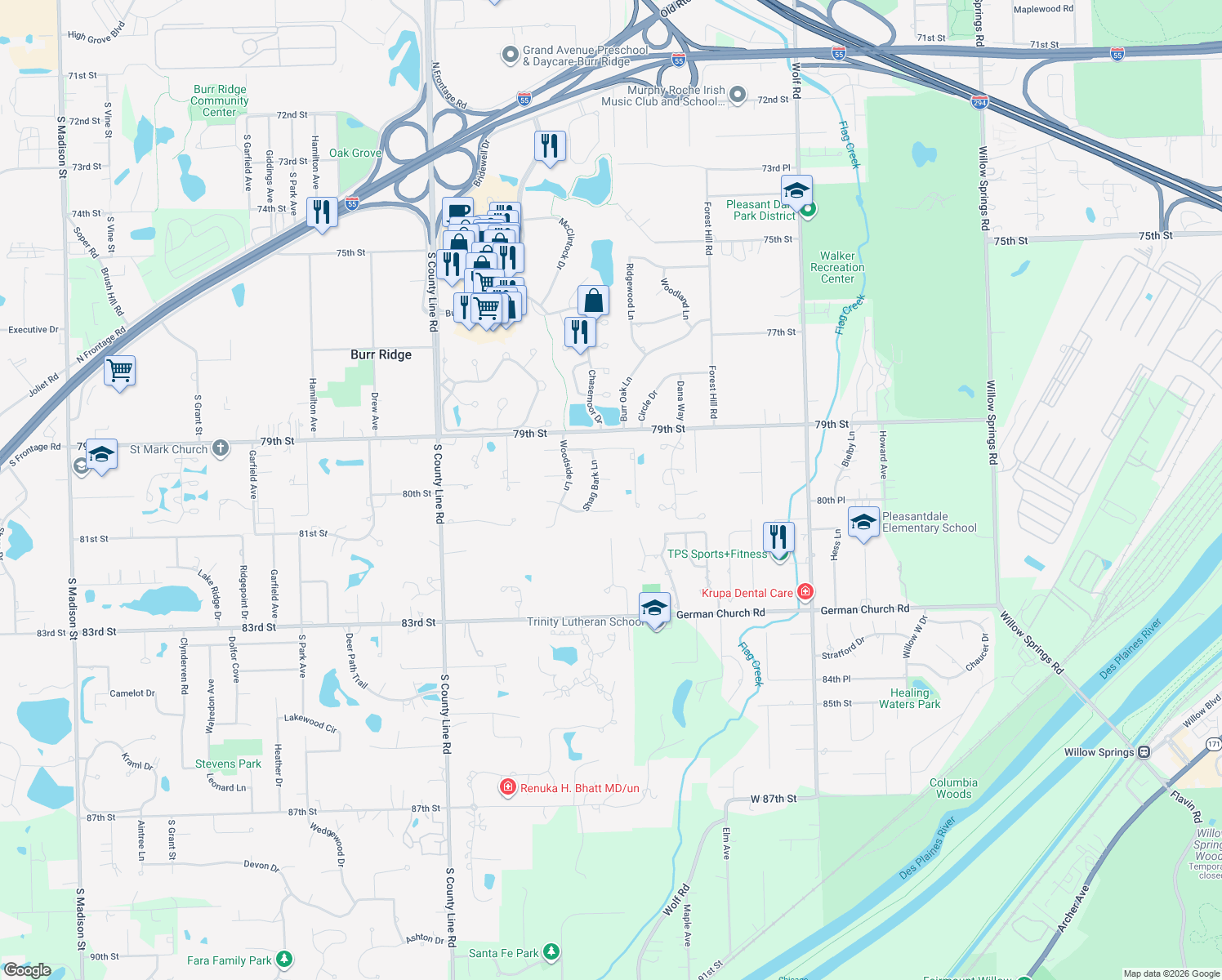 map of restaurants, bars, coffee shops, grocery stores, and more near 11629 White Oak Court in Burr Ridge