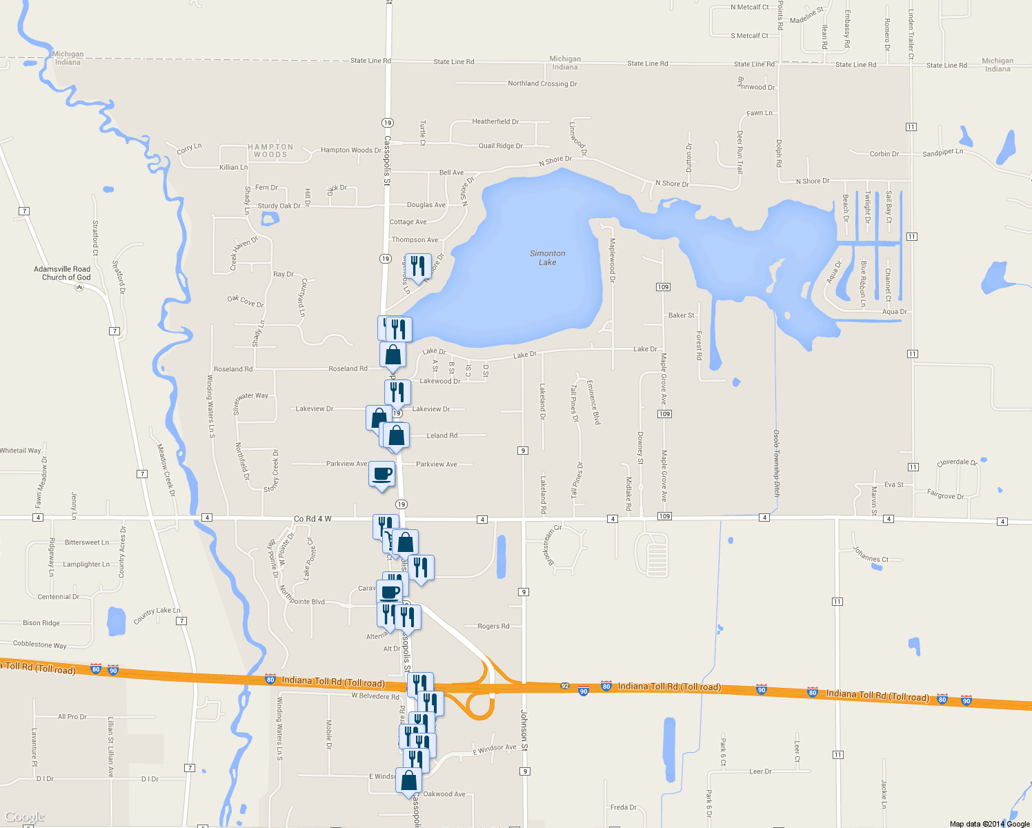 map of restaurants, bars, coffee shops, grocery stores, and more near 51663 County Road 9 in Elkhart