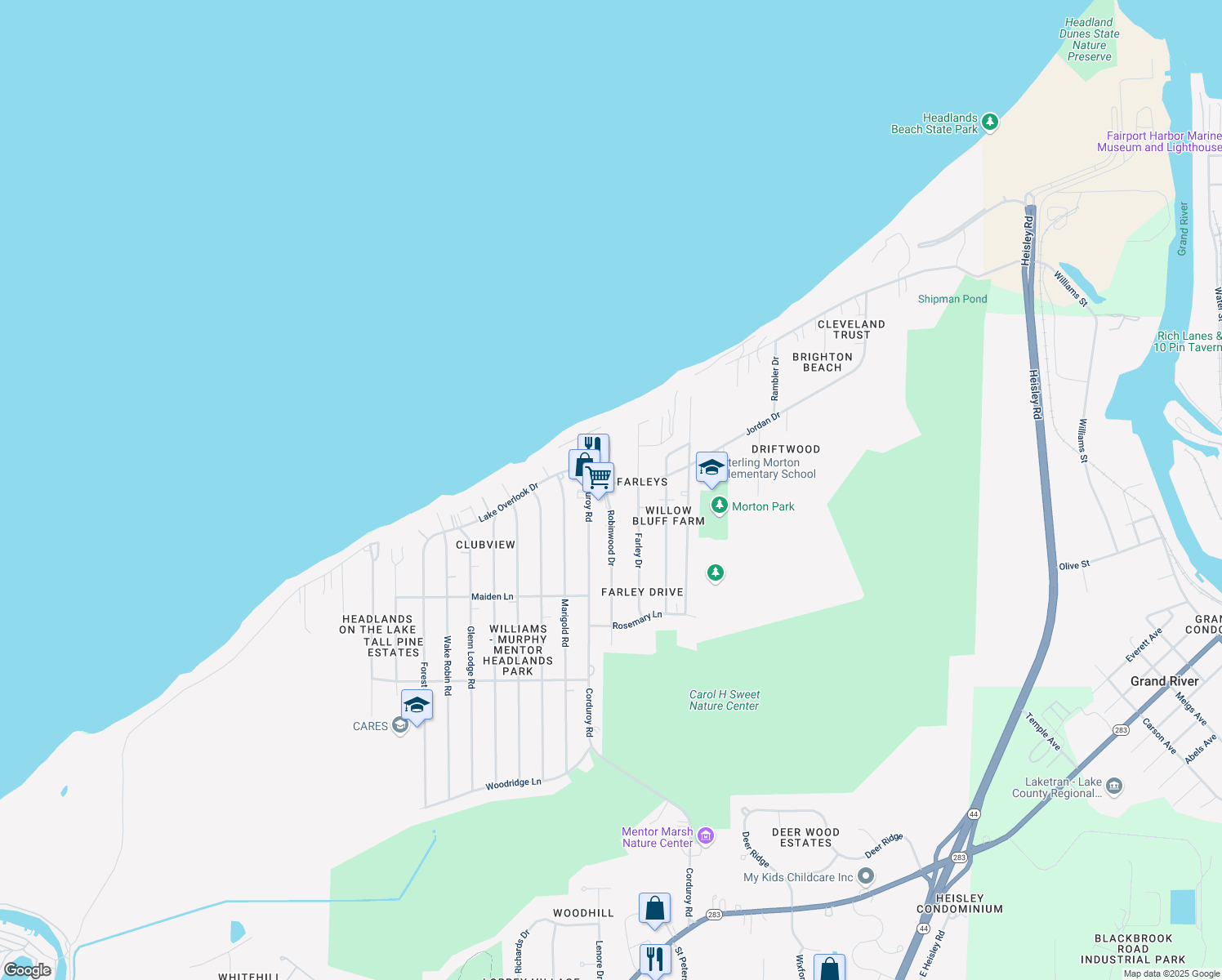 map of restaurants, bars, coffee shops, grocery stores, and more near 9152 Jordan Drive in Mentor