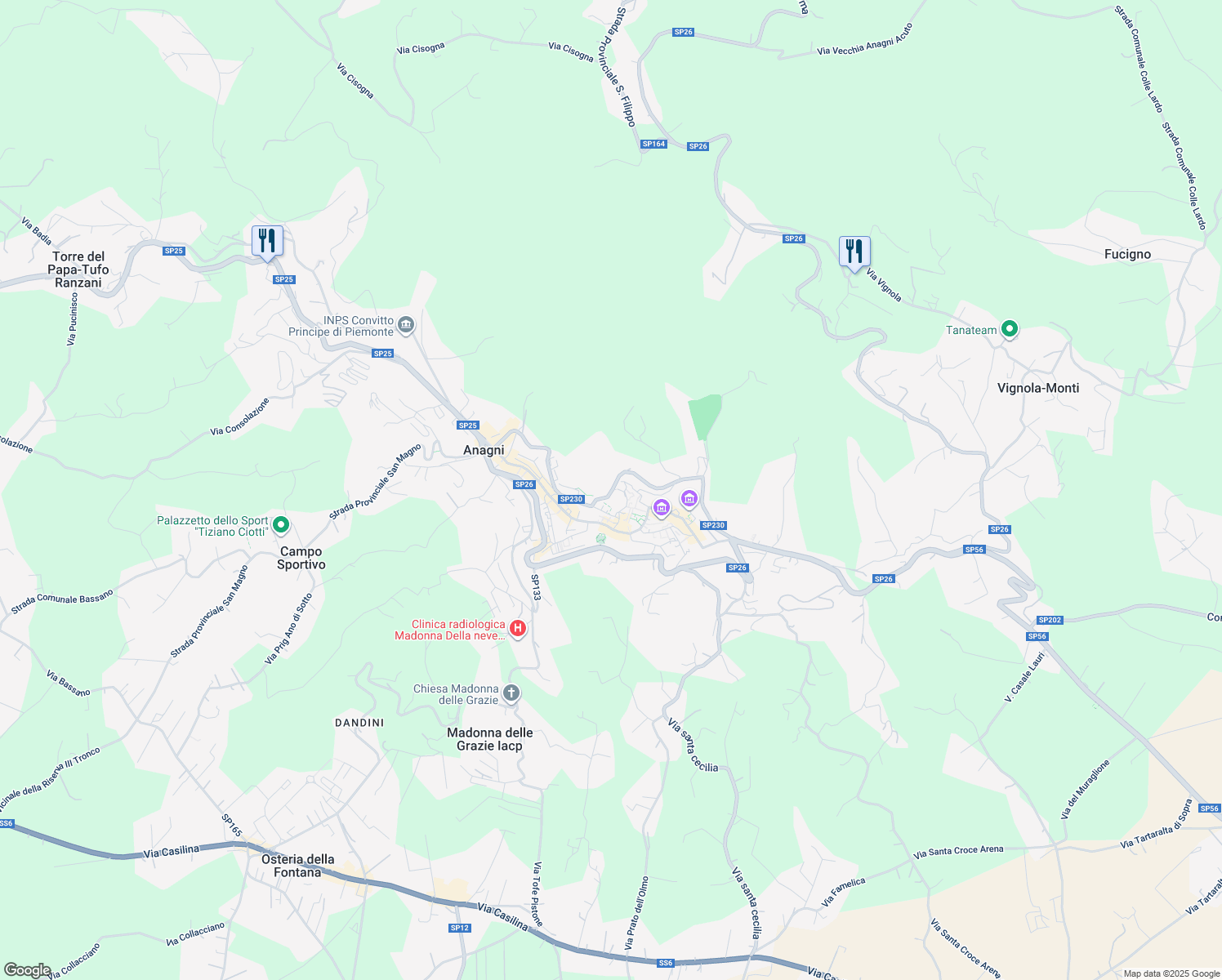 map of restaurants, bars, coffee shops, grocery stores, and more near Strada Provinciale 230 in Anagni