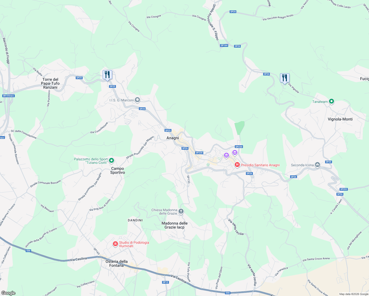 map of restaurants, bars, coffee shops, grocery stores, and more near 18-20 Via della Peschiera in Anagni