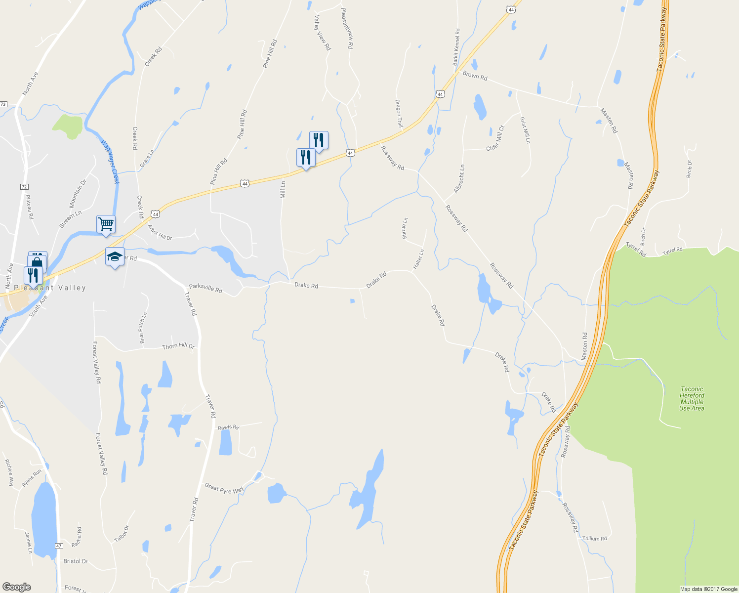 map of restaurants, bars, coffee shops, grocery stores, and more near 66 Drake Road in Pleasant Valley
