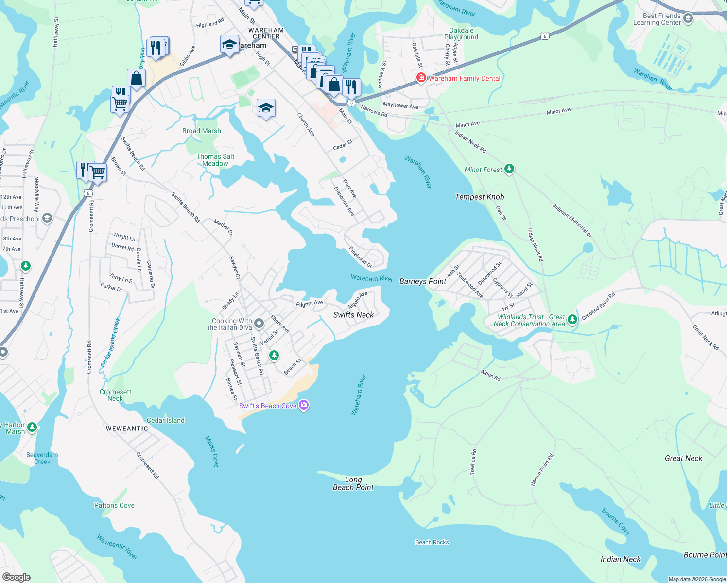 map of restaurants, bars, coffee shops, grocery stores, and more near 24 Algelo Avenue in Wareham