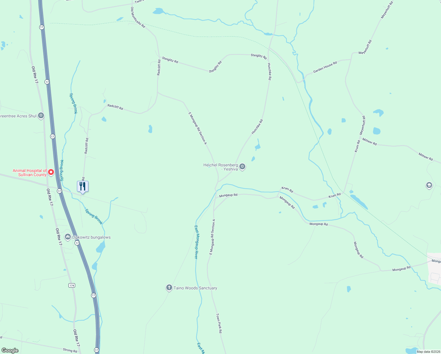 map of restaurants, bars, coffee shops, grocery stores, and more near 173 East Mongaup Road Section A in Hurleyville