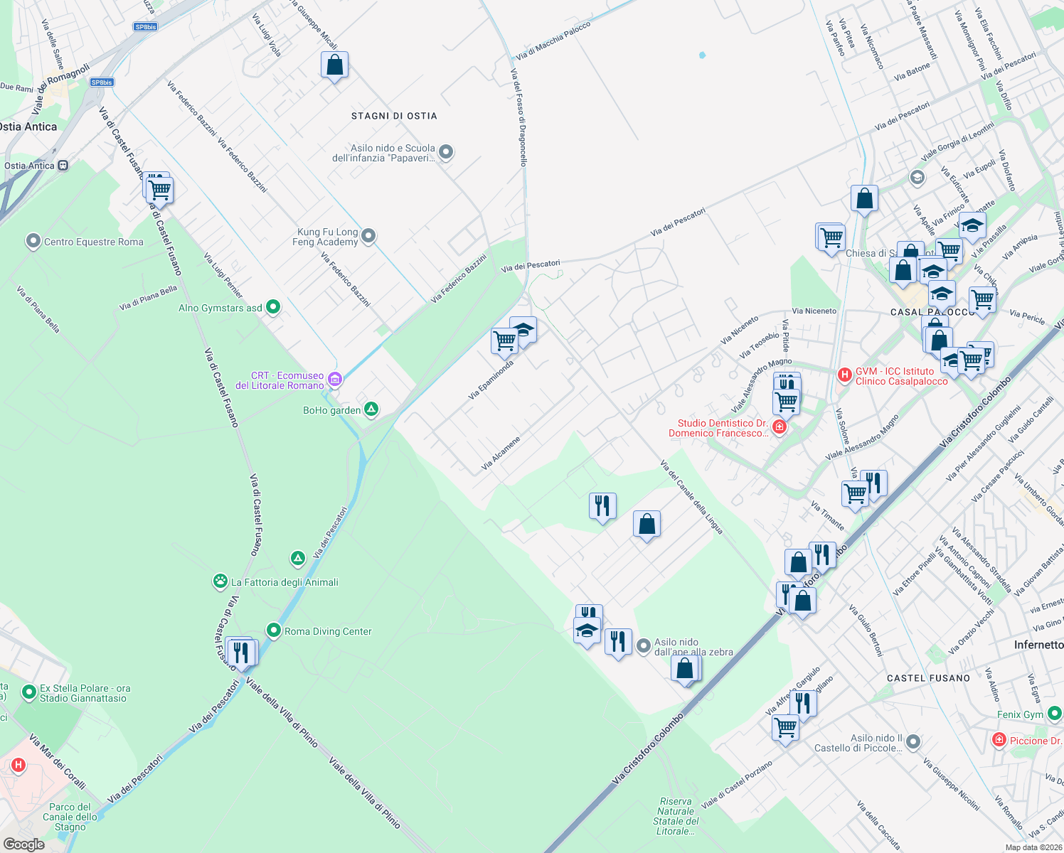 map of restaurants, bars, coffee shops, grocery stores, and more near 108 Via Alcamene in Città metropolitana di Roma Capitale