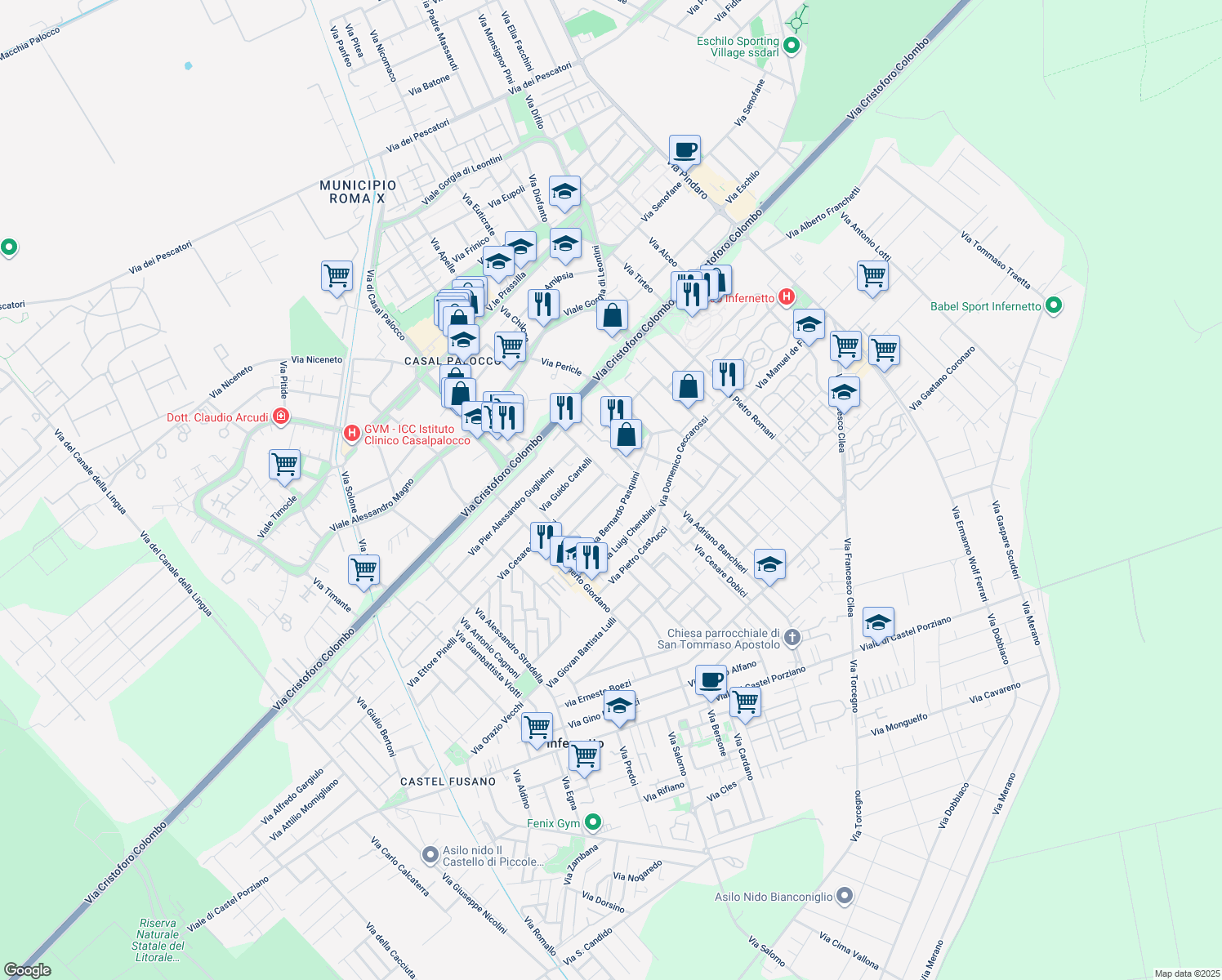 map of restaurants, bars, coffee shops, grocery stores, and more near 10 Via Italo Montemezzi in Città Metropolitana di Roma
