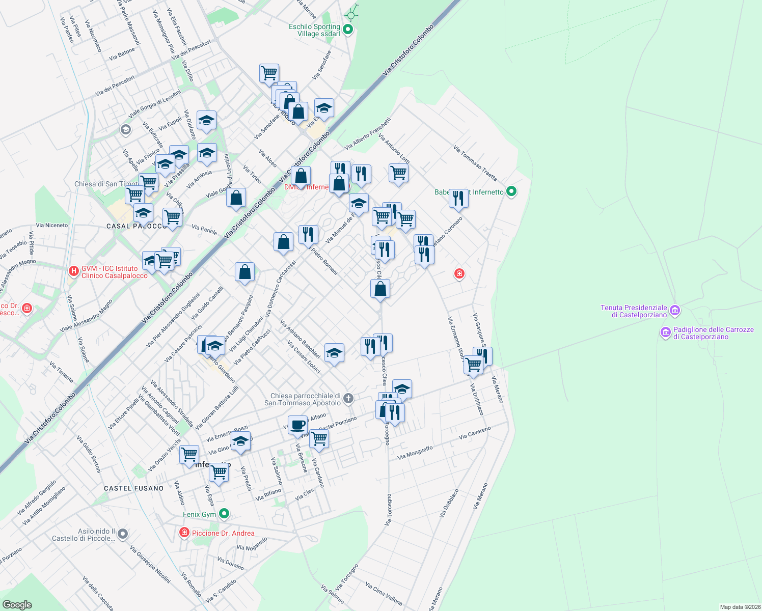 map of restaurants, bars, coffee shops, grocery stores, and more near 209 Via Francesco Cilea in Città metropolitana di Roma Capitale