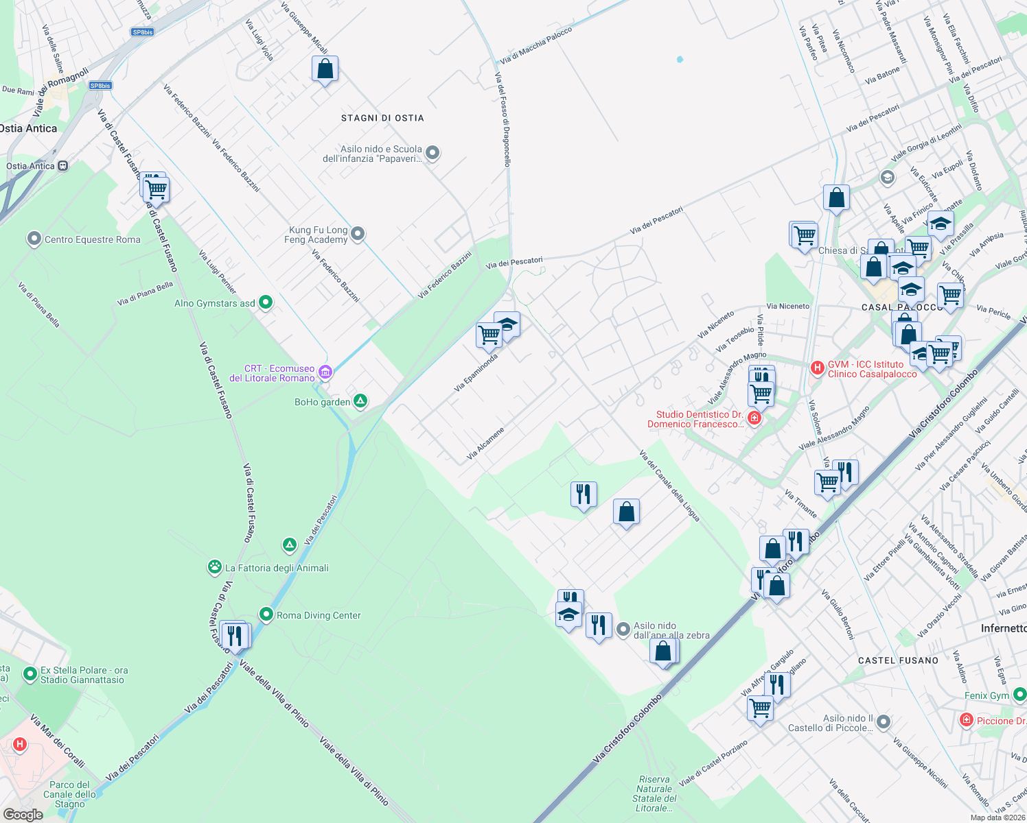 map of restaurants, bars, coffee shops, grocery stores, and more near 108 Via Alcamene in Città metropolitana di Roma Capitale