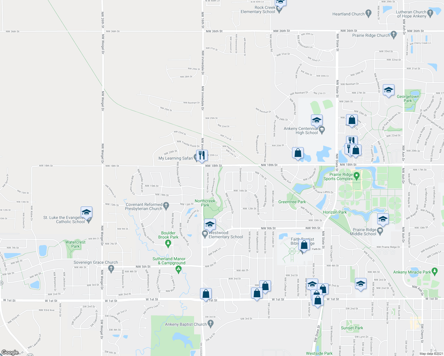 map of restaurants, bars, coffee shops, grocery stores, and more near 1602 Northwest Cedarwood Drive in Ankeny