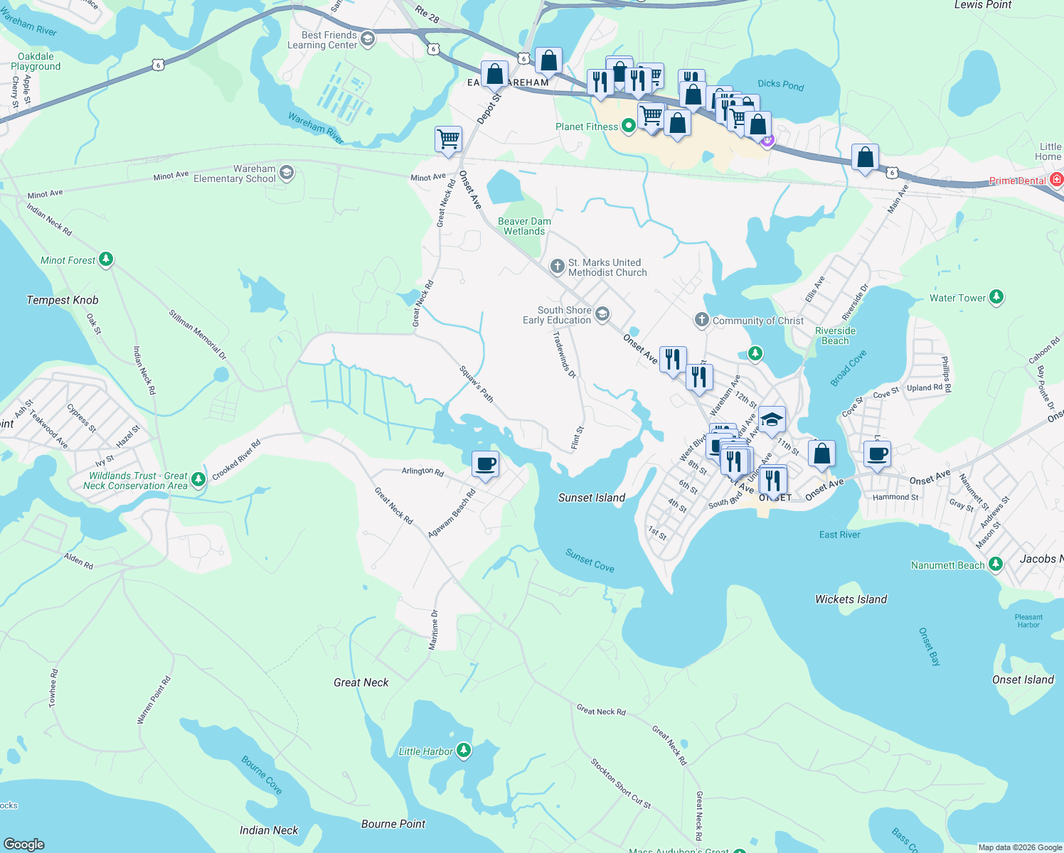 map of restaurants, bars, coffee shops, grocery stores, and more near 100 Squaw's Path in Wareham