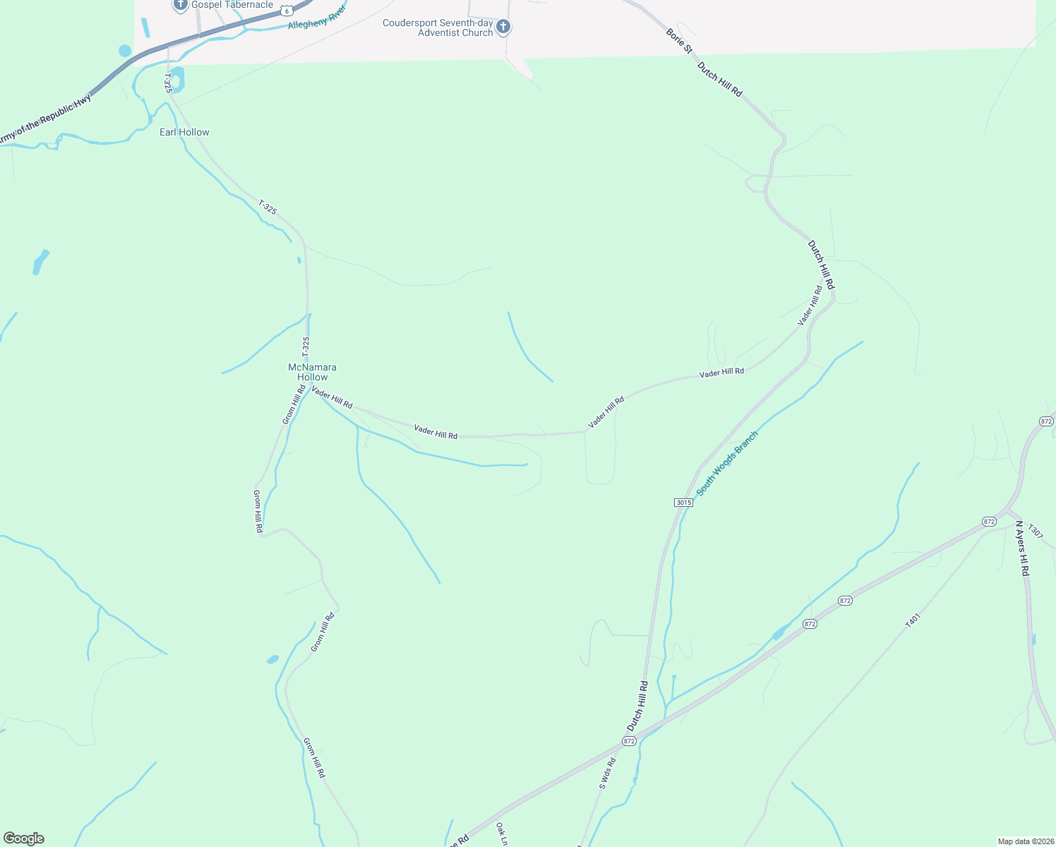 map of restaurants, bars, coffee shops, grocery stores, and more near 345 Vader Hill Road in Coudersport
