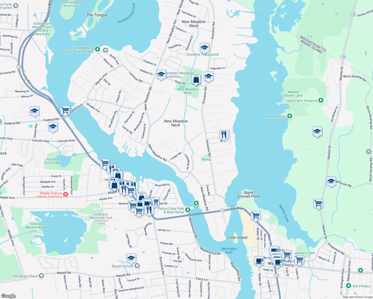 map of restaurants, bars, coffee shops, grocery stores, and more near 41 Linden Road in Barrington