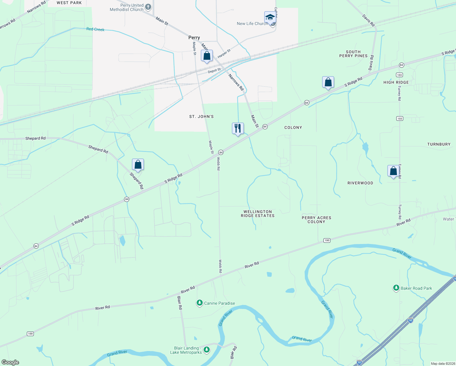 map of restaurants, bars, coffee shops, grocery stores, and more near 4683 Webb Road in Perry