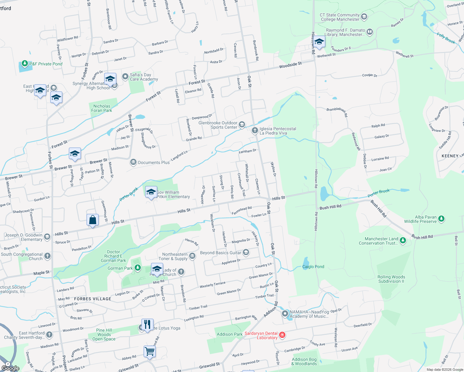 map of restaurants, bars, coffee shops, grocery stores, and more near 47 Davis Rd in East Hartford