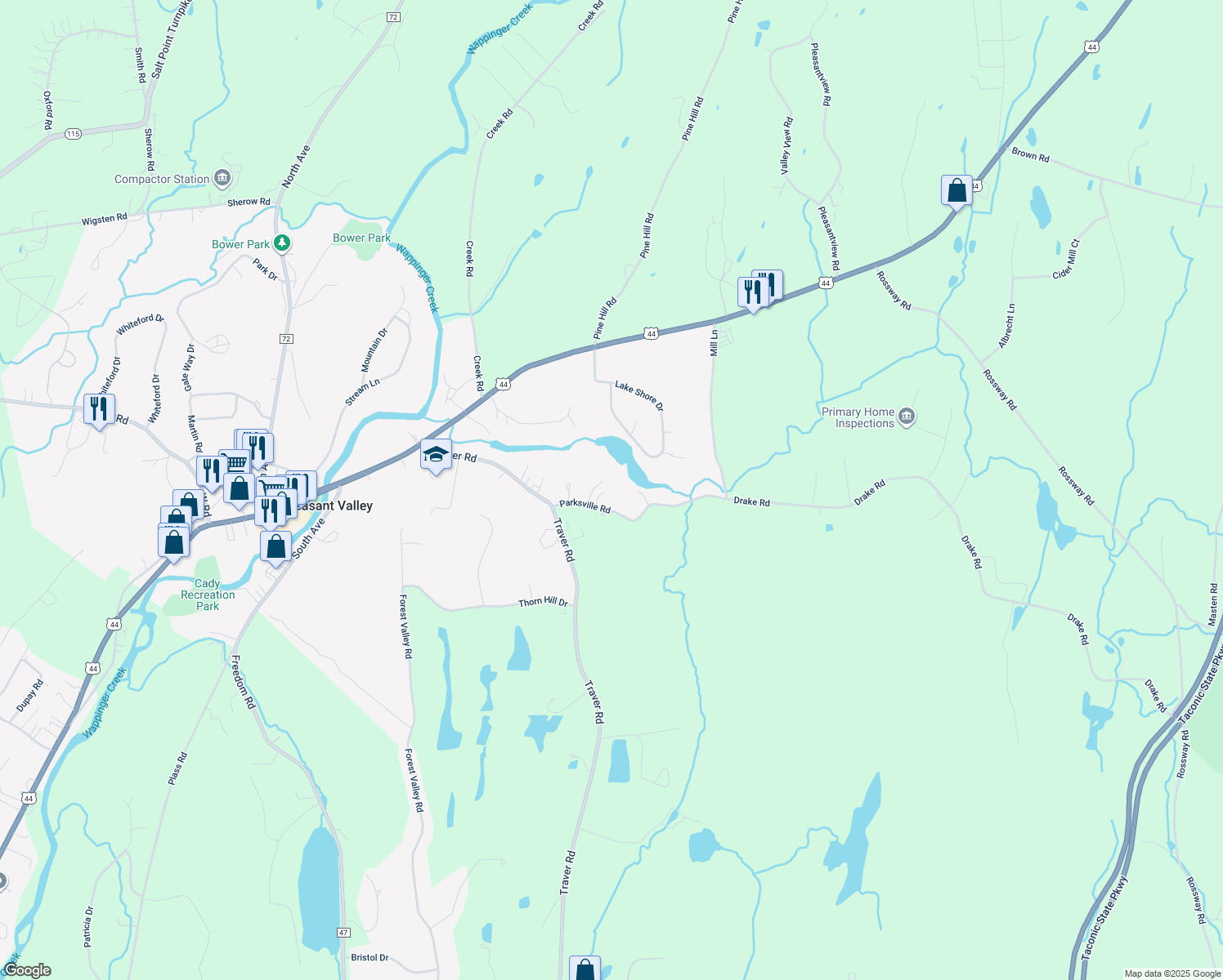 map of restaurants, bars, coffee shops, grocery stores, and more near 23 Parksville Road in Pleasant Valley