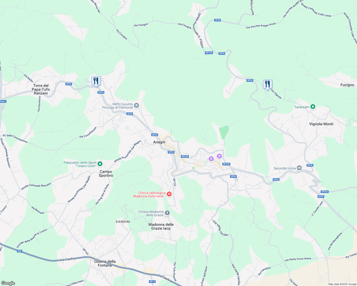 map of restaurants, bars, coffee shops, grocery stores, and more near 6 Via Giovanni Giminiani in Anagni