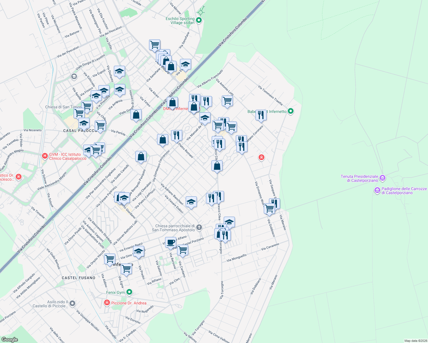 map of restaurants, bars, coffee shops, grocery stores, and more near 131-209 Via Francesco Cilea in Città Metropolitana di Roma