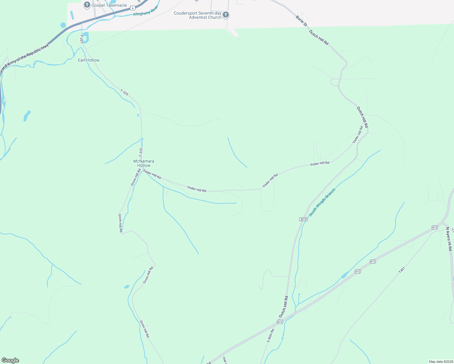 map of restaurants, bars, coffee shops, grocery stores, and more near 345 Vader Hill Road in Coudersport