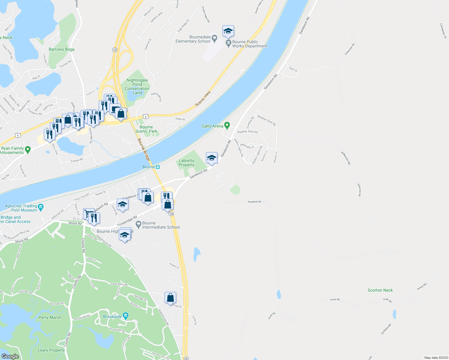 map of restaurants, bars, coffee shops, grocery stores, and more near 220 Sandwich Road in Bourne