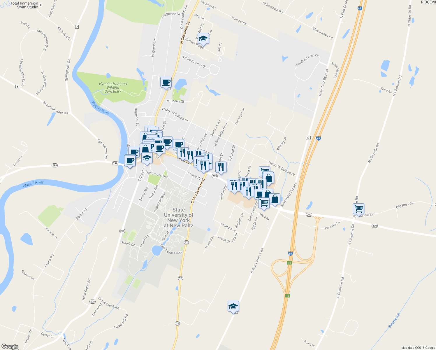 map of restaurants, bars, coffee shops, grocery stores, and more near 211 Main Street in New Paltz