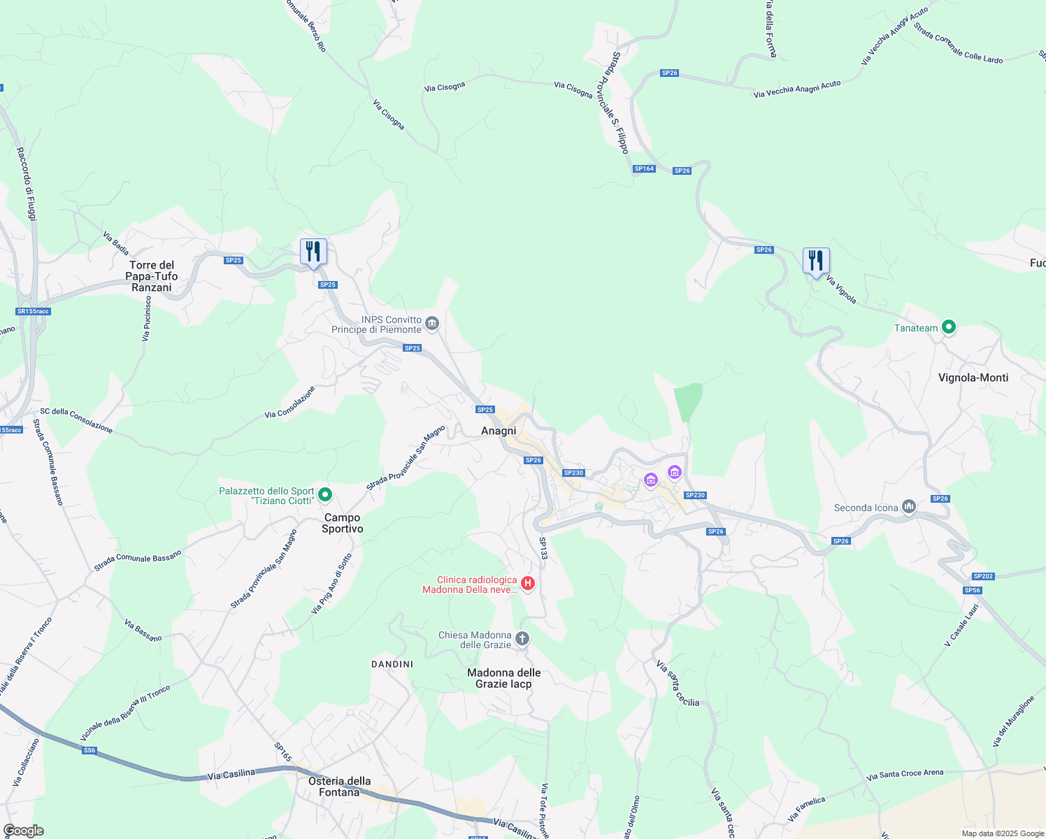 map of restaurants, bars, coffee shops, grocery stores, and more near 6 Via Giovanni Giminiani in Anagni