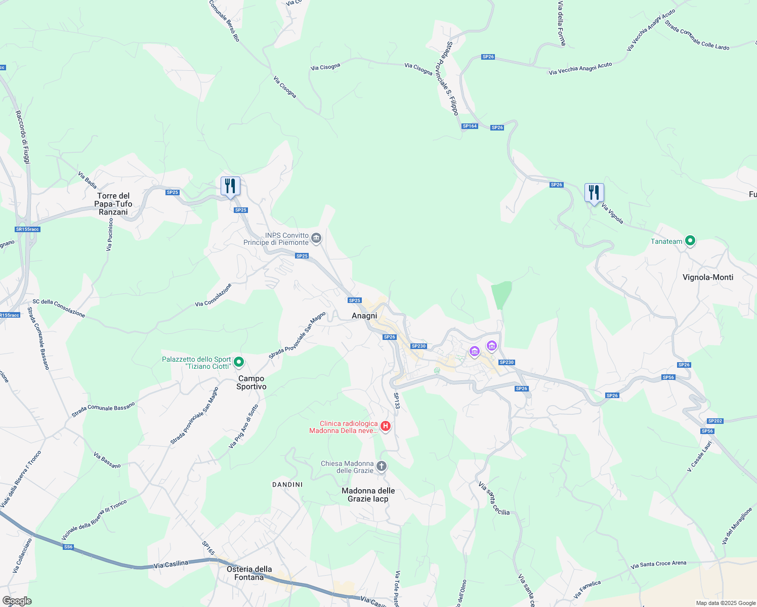 map of restaurants, bars, coffee shops, grocery stores, and more near 17G Via Giovanni Giminiani in Anagni