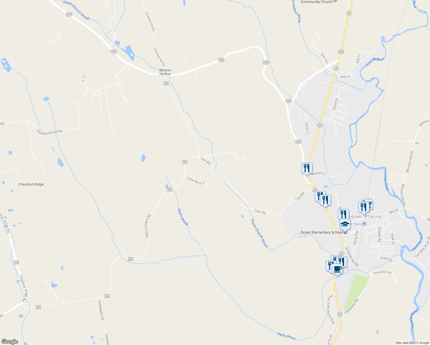 map of restaurants, bars, coffee shops, grocery stores, and more near 3 Cart Road in Dover Plains