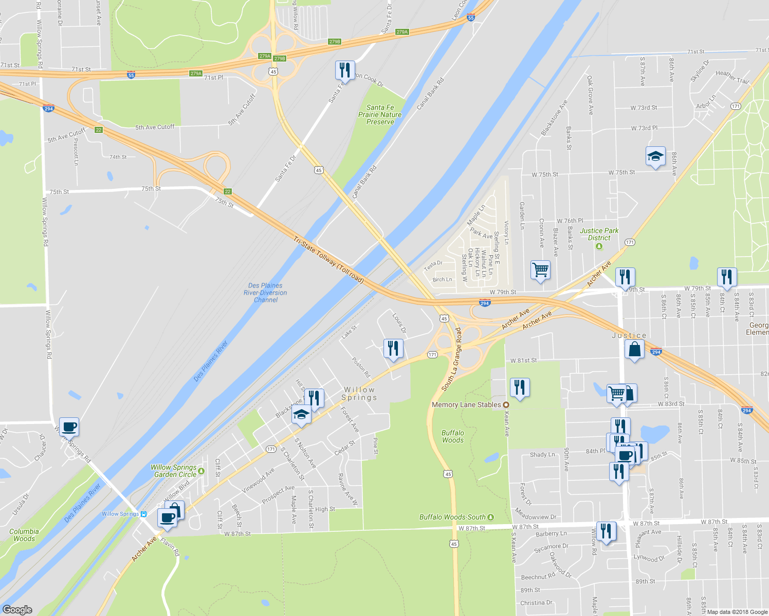 map of restaurants, bars, coffee shops, grocery stores, and more near 402 North Rust Trail in Willow Springs