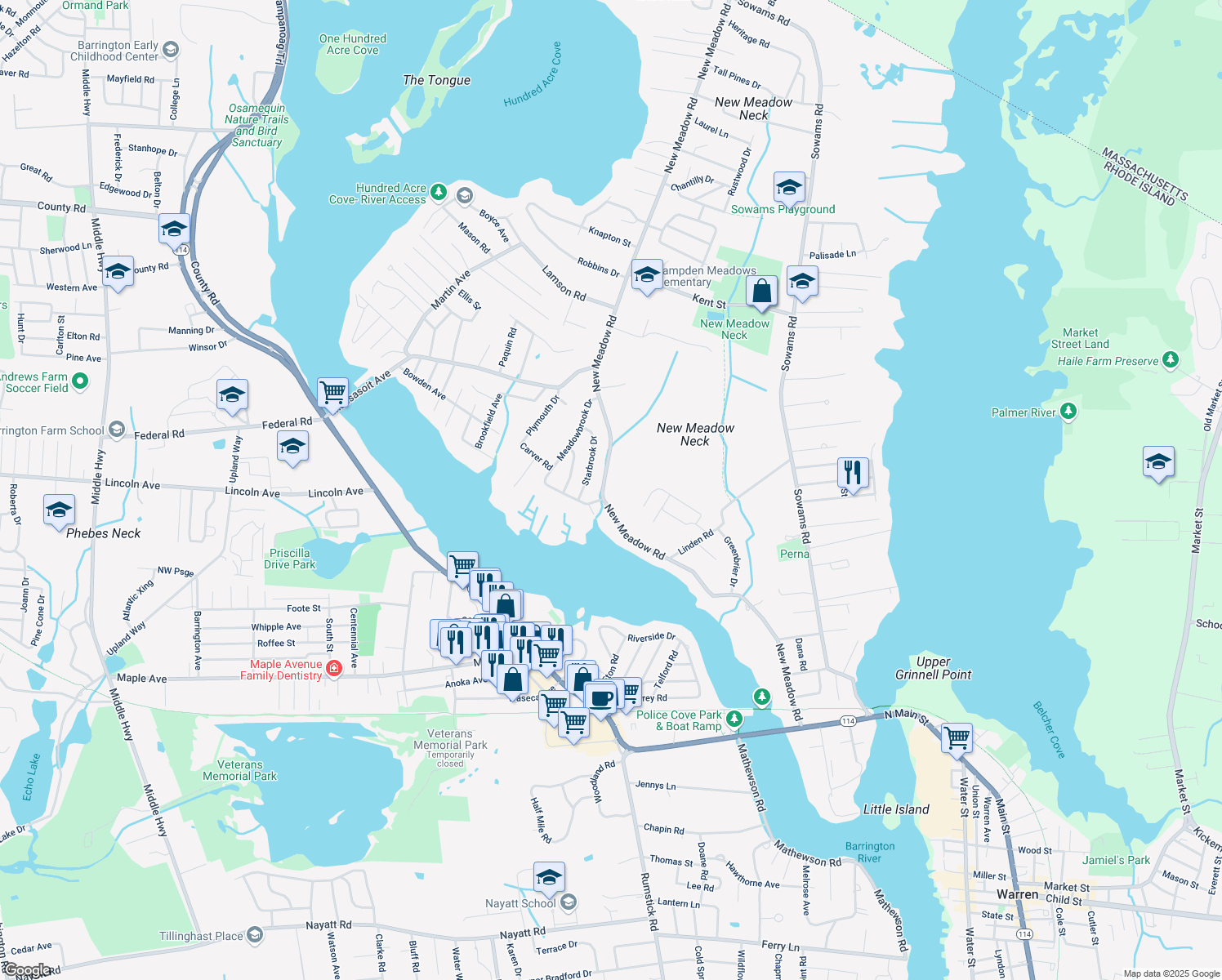 map of restaurants, bars, coffee shops, grocery stores, and more near 185 New Meadow Road in Barrington